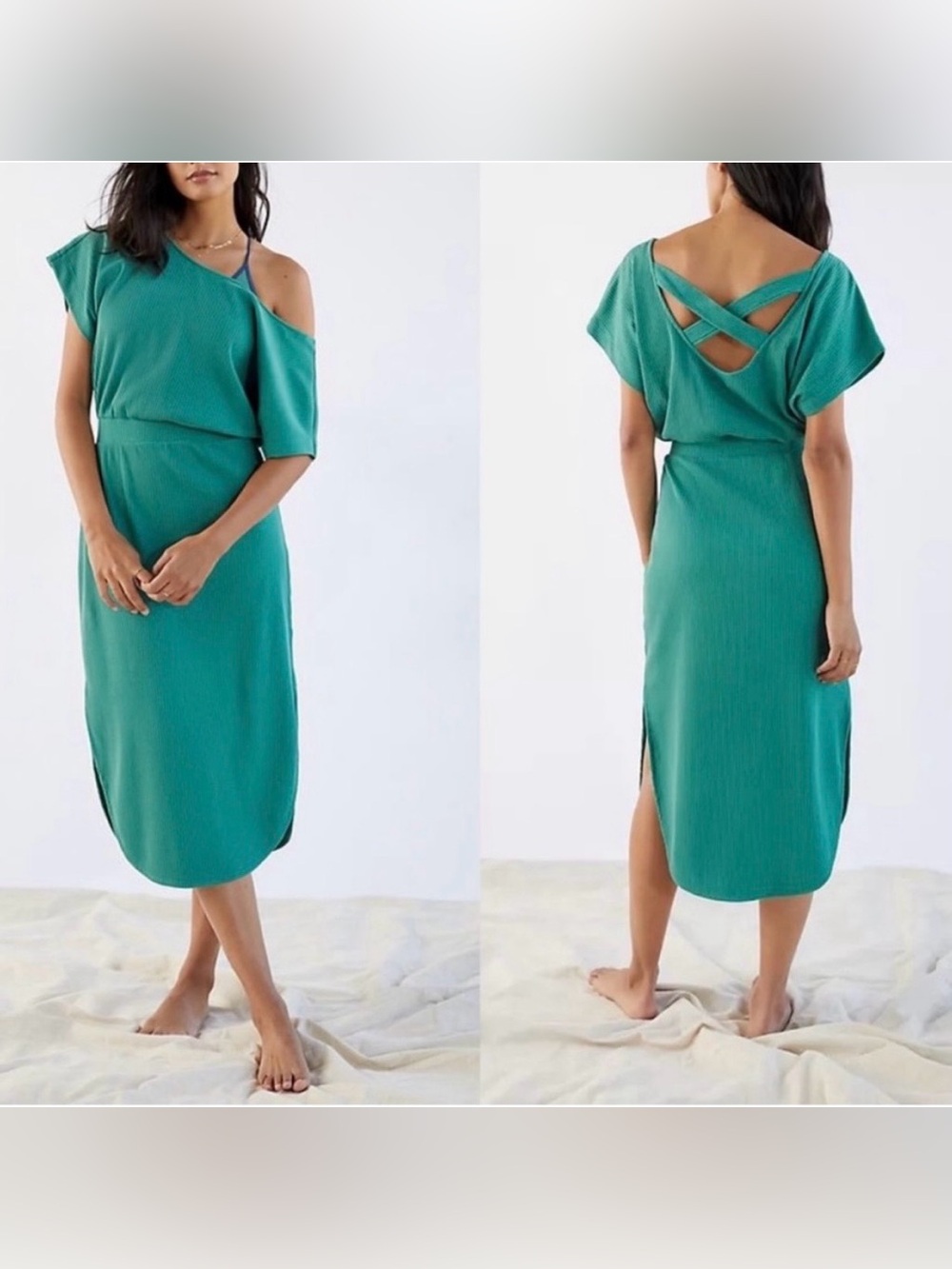DAILY PRACTICE ANTHROPOLOGIE green Slim Knit Dolma Sleeve Dress Size M Midi AC15